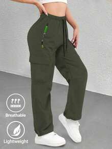 Pantalones rectos para mujer para hacer ejercicio, pantalones jogger ligeros y transpirables con bolsillos con cremallera de contraste, versátiles para múltiples ocasiones - Verde - Ver 13