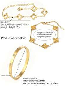 3pcs Fashion Commuter Style --- Clover Element Design 304 Stainless Steel Jewelry Set, Suitable For Women's Fashion Commuting, Daily Wear, Gift For Best Friends - Yellow Gold - View 8