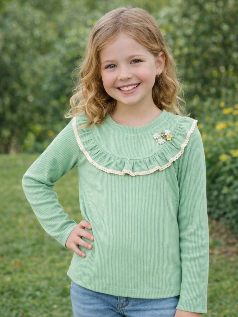 Blusa Infantil Feminina Canelada com Bordado em Pérolas REF: 1513 - Verde Menta - Visão 1