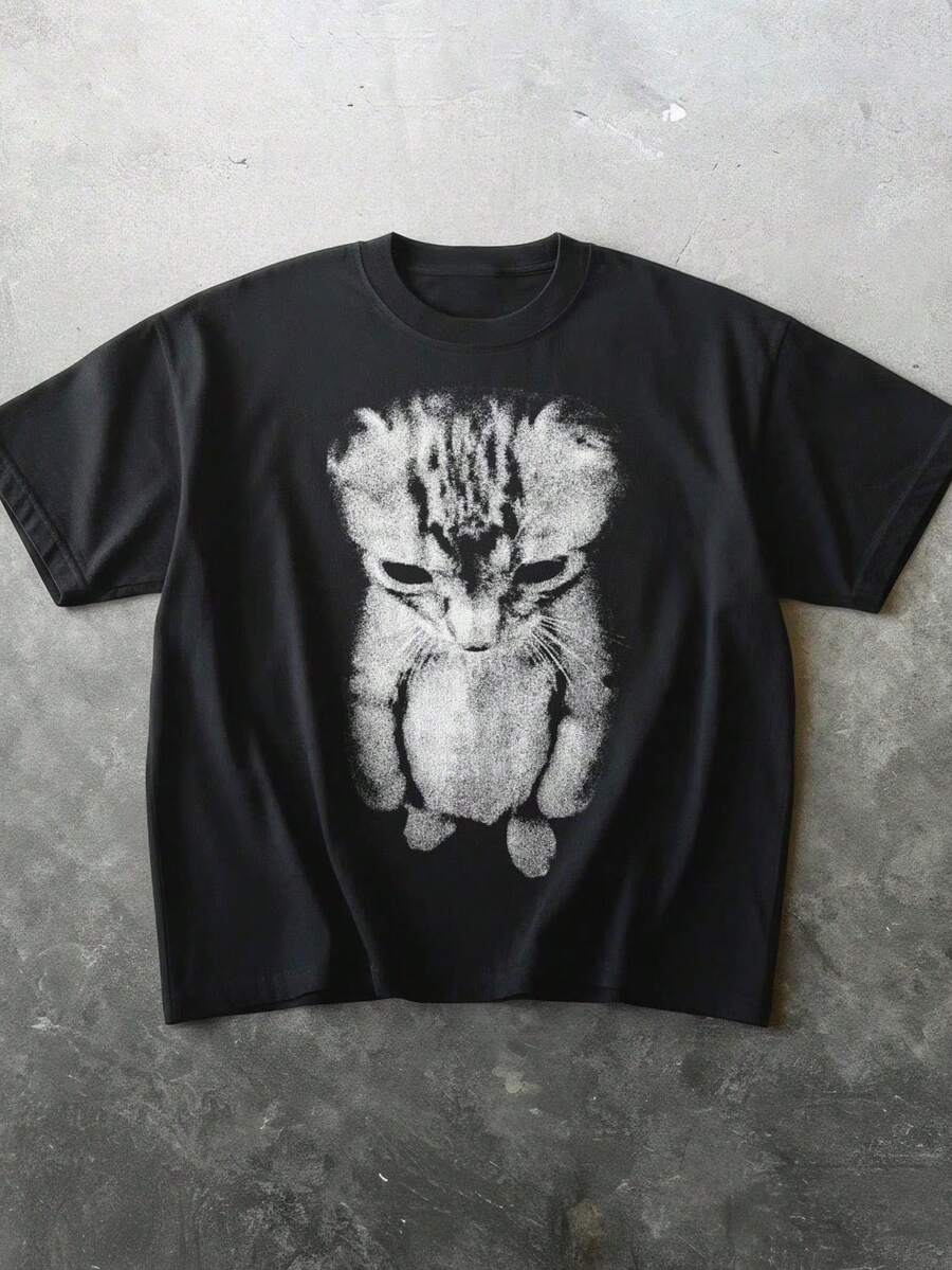 2026新款悲伤猫咪图案T恤，圆领休闲T恤，Y2K风格大码女款T恤，趣味礼物，适合日常穿着，黑色夏季款 - 黑色 - 查看 1