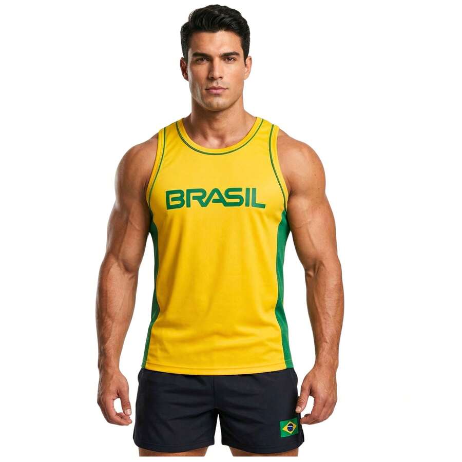 Brazil World Cup 2026 Sports Tank Top | Lightweight And Comfortable Fitness T-Shirt For Gym, Training, Weightlifting And Running - Brazil Vàng - Xem 1