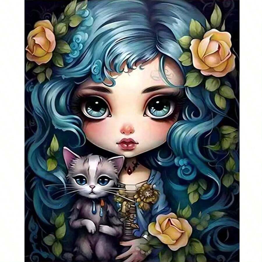 1 pièce Peinture de diamant DIY 2D Fille aux cheveux bleus avec chat, personnage de dessin animé animal floral avec forage complet, parfait pour les cadeaux de vacances - Voir 1