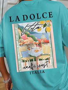 Dolce Vita阿馬爾菲海岸印花女式寬鬆T卹，夏季上衣，K-Pop戰士系列，純棉上衣，女裝服飾，女式夏裝，針織服飾，派對裝束，大碼女裝，大碼女式圓領寬鬆上衣，閨蜜裝，度假服飾，休閒運動裝，優雅上衣，女士運動裝,頂部女裝，促銷女裝，男女同款，青少年裝、基礎款T卹，夏季女裝，柔軟舒適，Y2K風格,春季、夏季、情人節、狂歡節、派對、海灘、婚禮、健身房、優雅、度假、休閒， - 湖綠色 - 查看 5