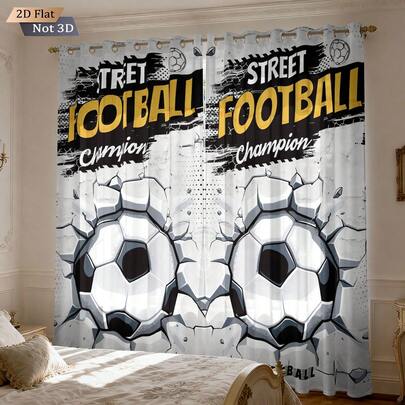2pcs Football World Cup Joy: Minimalist Dual-Panel Classic Fashion Black & White Football Pattern Printed Blackout Curtains - Ideal For Living Room And Bedroom, Made Of Polyester Fabric, Dual-Panel Design With Metal Rings, Blackout, Machine Washable, Convenient For Daily Use.
