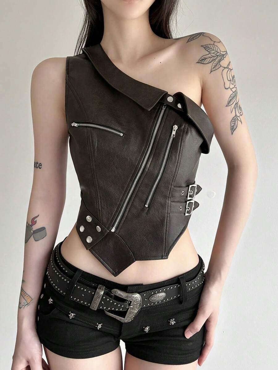 Women's Punk Asymmetric Zipper Design Metal Buckle Crop Top - Grey - View 1