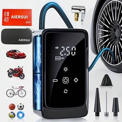 เครื่องเติมลมยางแบบพกพาพร้อมมาตรวัดความดันแบบดิจิตอล, ไฟ LED และหัวฉีดหลายแบบ, เหมาะสำหรับรถยนต์, รถจักรยานยนต์, จักรยานและของเล่นเป่าลมอื่นๆ, 1500mAh 7.4V