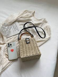 Summer Holiday Handmade Woven Bag, Straw Bamboo Handle Tote Bag For Women, Gift Box Set, Crossbody Bag, Souvenir Gift - Beige - View 8