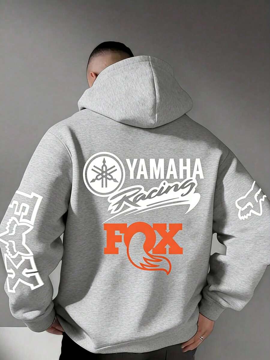 Hoodies With Fox Racing Print, Comfortable, Soft And Breathable Pullovers In Retro And Street Style, Motocore, Fox Racing Motorcycle Hoodies, Fox Racing Clothing, Long-Sleeved Autumn And Winter Hoodies With Drawstring And Double-Sided Print Suitable For Women And Men, Casual Hip-Hop Tops, Racing Enthusiasts, Men's Hoodies - 灰色 - 查看 1