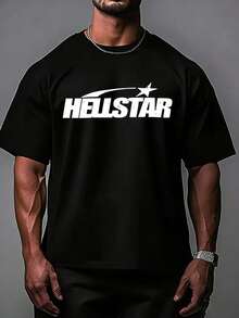 Hellstars Minimalist Star Logo Y2K Graphic T-Shirt,220g 100% Cotton,Round Neck Short Sleeve,Black Streetwear Essential For Summer Going Out,Unisex Style - 黑色 - 查看 1