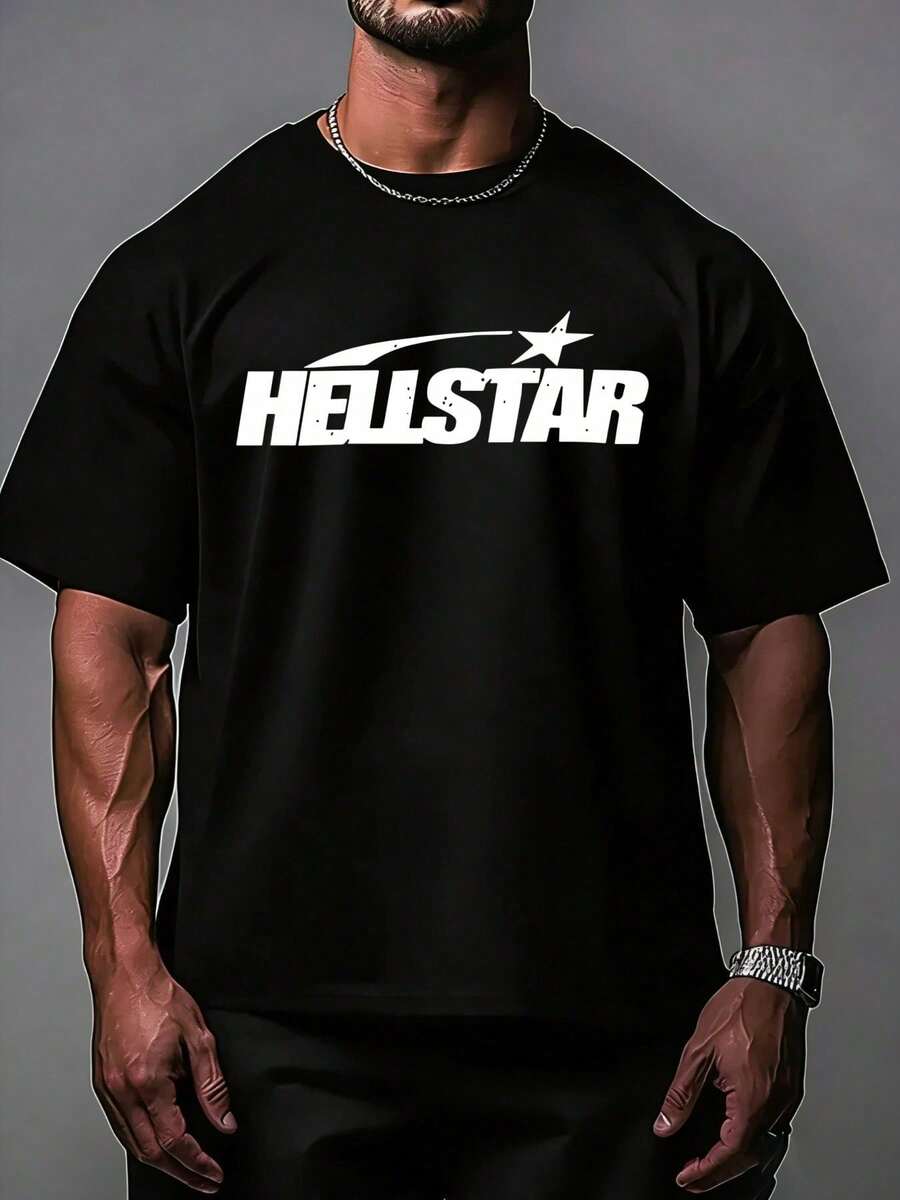 Hellstars Minimalist Star Logo Y2K Graphic T-Shirt,220g 100% Cotton,Round Neck Short Sleeve,Black Streetwear Essential For Summer Going Out,Unisex Style - 黑色 - 查看 1
