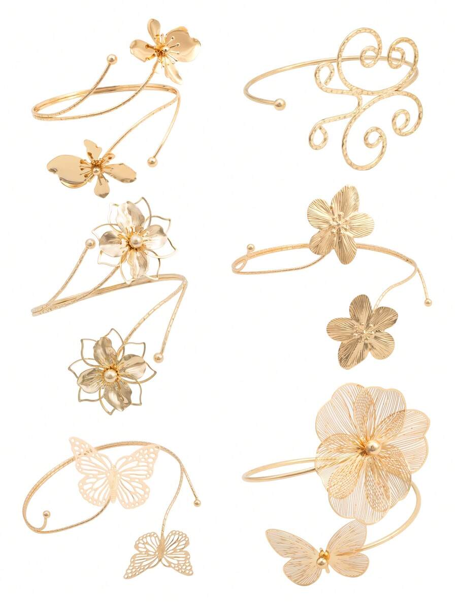 6pcs/Set Minimalist Metal Arm Cuff Bracelet, Adjustable Armlet, Suitable For Daily Wear, Street Style And Vacation - Gold - View 1