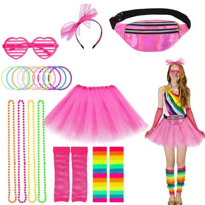 80年代复古主题派对套装，单身派对彩色霓虹项链、手链、腿套、渔网手套、发带、腰包、蓬蓬裙、80年代服装配饰