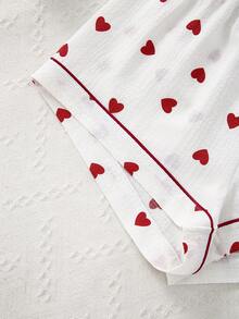 3pcs Women Bubble Crinkle Sleepwear Set, Valentine's Day Red Heart Print Open Front Pajamas - White - View 4