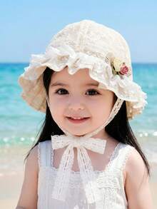 1顶幼儿女童米色蕾丝蝴蝶结遮阳帽，透气防紫外线公主风刺绣儿童帽 - 1PC - 查看 7