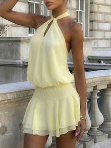 Women's Elegant Pale Yellow Halter Neck Cutout Tiered Ruffled Hem Mini Dress, Chic Sexy Summer Dress, Romantic Vacation Outfit - Yellow - View 1