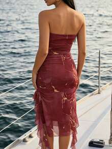 女士荷叶边扎染无肩带连衣裙，优雅 - 紅色 - 查看 3