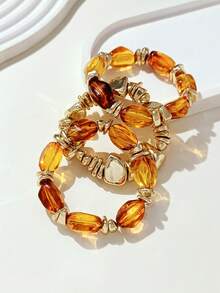 LADYCOCO 3pcs Vintage Multi-Layer Brown Acrylic Beaded Bracelet, Deformed Gold Stone Bracelet For Women - 3-piece DD Set - View 2
