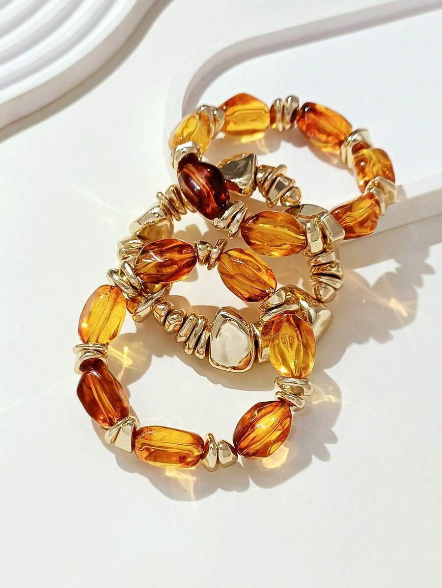 LADYCOCO 3pcs Vintage Multi-Layer Brown Acrylic Beaded Bracelet, Deformed Gold Stone Bracelet For Women
