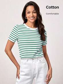 SHEINBASICSS Camiseta con Estampado de Rayas/Verano - Verde - Ver 12