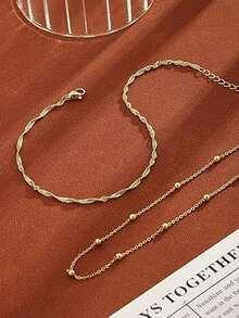 HOTNICE 2pcs/Set Women's Double-Layer Rice Pearl Anklet, Personalized Beach Jewelry Accessory - Style one - View 2