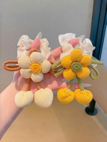 1pc Knitted Flower Hair Scrunchie, Versatile Pastoral Style Bun Holder, Cute Ribbon Hair Accessory For Girls/Students