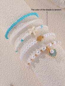 5件套女孩贝壳、爱心、海星和珍珠串珠手链套装 - 彩色 - 查看 1