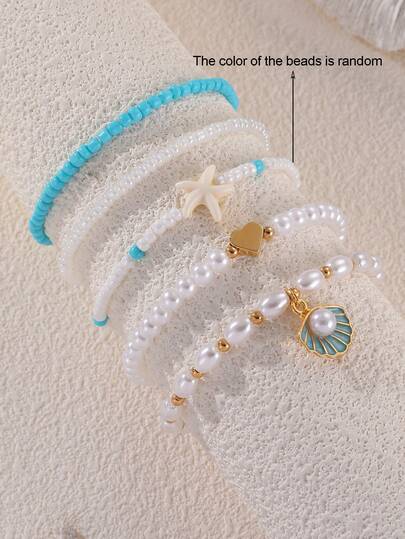 5pcs/Set Girls' Shell, Heart, Starfish & Pearl Beaded Bracelet Set