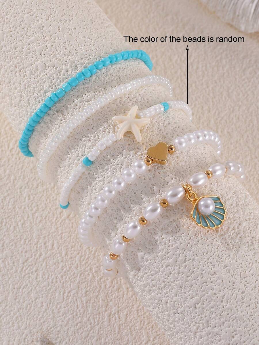 5件套女孩贝壳、爱心、海星和珍珠串珠手链套装 - 彩色 - 查看 1
