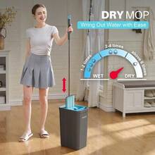 Mop And Bucket Set With Wringer, Mops For Floor Cleaning, Wall Mop Cleaner With Long Handle, With 4 Reusable Microfiber Mop Pads - Grey+Cyan Blue - Xanh ngọc lam và Xám nhạt - Xem 3