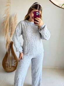 Women's Winter Mousse Knit Set - Wide-Leg Pants And Braided Blouse - 石楠灰 - 查看 3
