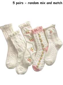 5/3/1 Pairs Randomly Shipped Women's Floral Ruffle Fashion Mid-Calf Socks, Suitable For Daily Wear - Multicolor - View 11
