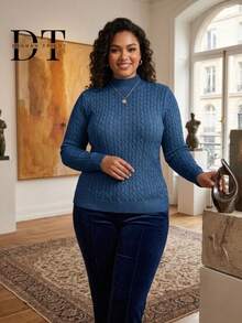 Women's Plus Size Knit Blouse With High Neck, Long Sleeves, Braided Knit Sweater With Fitted Cuffs, Winter - 藏蓝色 - 查看 7