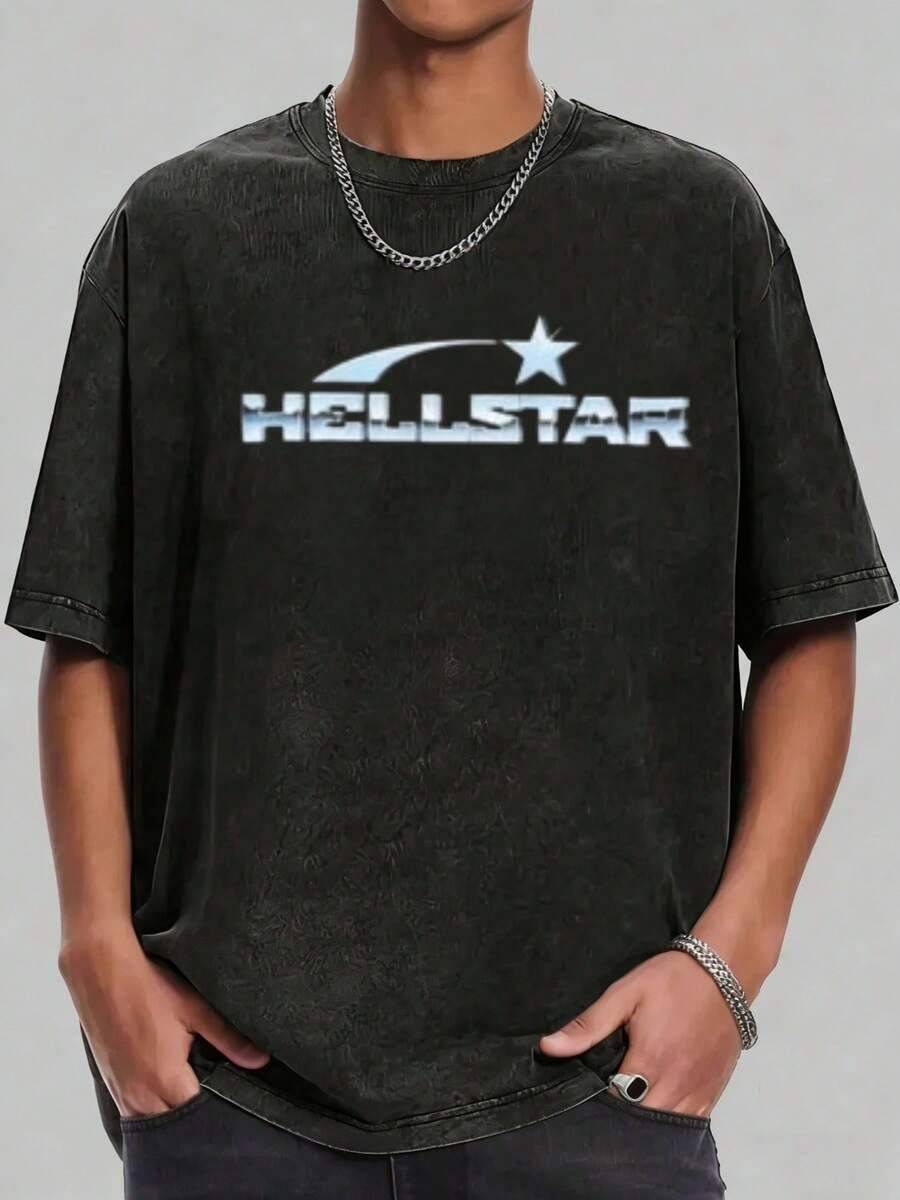Hellstars Gradient Star Logo Y2K Washed Print Round Neck Short Sleeve T-Shirt, 230g 100% Cotton T-Shirt, Summer Clothes, Men's Tops, Casual And Comfortable, Fashionable Graphic Tee, Unisex Style - 黑色 - 查看 1