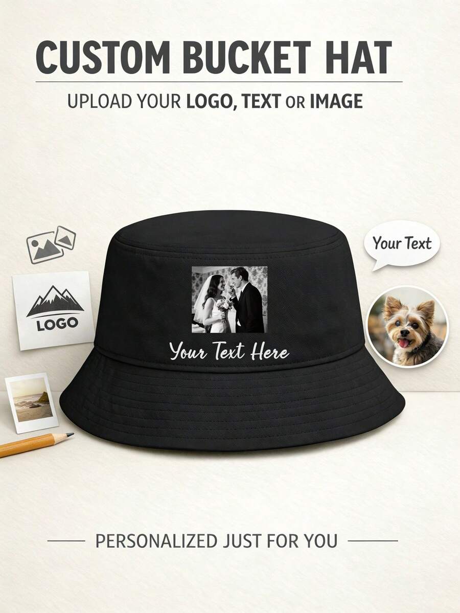 1pc Personalized Custom Bucket Hat, Upload Your Own Logo Text Or Image, Customized Pattern Sun Hat, Unisex Outdoor Fishing Hat, Custom Logo Hat Gift - Multicolor - View 1