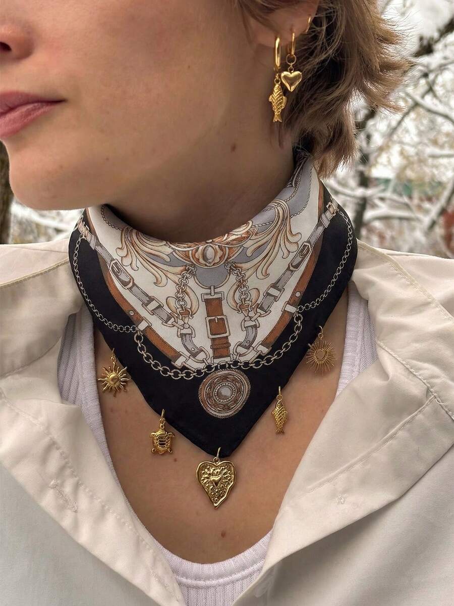 1 chiếc khăn bandana thời trang nữ kiểu cao bồi miền Tây in hình trái tim, cá, rùa, mặt dây chuyền hình mặt trời, đa năng dùng hàng ngày. - Nhiều màu - Xem 1