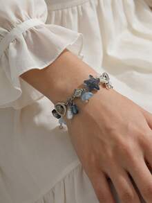 1 chiếc vòng tay mặt dây chuyền hình hoa xoắn ốc vỏ sò ngọc trai không đều chủ đề đại dương, vòng tay đính hạt thủ công với mặt dây chuyền hình ngôi sao, trái tim, ngôi sao hình học, vỏ sò dành cho nữ - Bạc - Xem 2