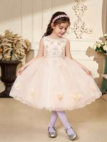 Girls' Solid Color Tulle & Satin Layered Floral Puff Dress, Elegant & For Birthday Party, School Event, No Headband Included - Champagne - View 7