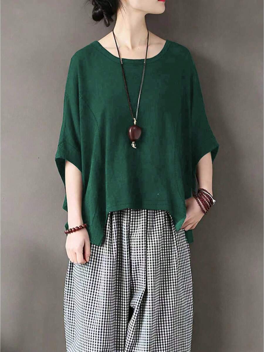 Solid Color Loose Linen Asymmetric Hem T-Shirt, Loose 3/4 Sleeve Round Neck Top, Relaxed Fit Slimming Design, Loose Batwing Sleeve Unique Top, Suitable For Commuting And Casual Wear Summer - Dark Green - View 1