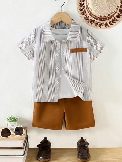 2pcs Toddler Boys' Summer Casual Outfit - Comfortable Striped Textured Woven Short Sleeve Button-Up Shirt And Khaki Shorts Set, Decorated Pocket Design, Suitable For Spring/Summer Outdoor Wear