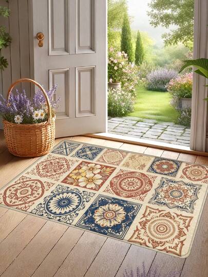 1 件复古拼布几何花卉图案可水洗淋浴垫/门垫，户外地毯，走廊地毯，入口地毯，白色地毯，小地毯，入口门垫/圆形地毯