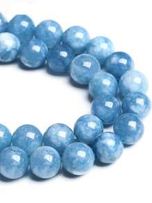 1串天然蓝海蓝玉石散珠，可用于DIY各种手链和首饰，尺寸：4、6、8、10毫米 - 淺藍色 - 查看 1