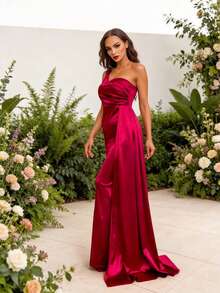 Romagic 优雅单肩缎面伴娘礼服 无袖婚礼晚礼服 - 酒紅色 - 查看 3