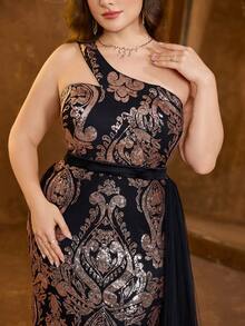 SUPGIR [Random Print] Plus Women's One-Shoulder Sequin Patchwork Mesh Fabric Slim-Fitting Floating Piece Temperament Evening Dress - Black - View 6