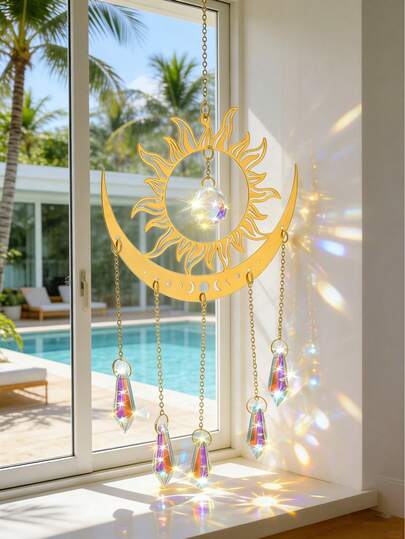 1件金色日月水晶捕梦网，波西米亚风窗棱镜，彩虹制造器，波西米亚家居装饰，充满魔幻美感的房间装饰，冥想装饰，月相壁画，送给妈妈的礼物，瑜伽室装饰，卧室客厅厨房窗户装饰，棱镜水晶球吊坠，波西米亚独特家居装饰，正能量装饰，家居礼品，日月星辰装饰，水晶疗愈装饰，窗棱镜折射器
