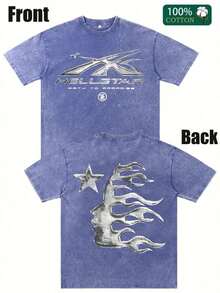 Men's Printed Pattern Washed T-Shirt - Casual Loose Summer T-Shirt With Star And Flame Design, Adult Brown 100% Pure Cotton Round Neck Shirt, Breathable T-Shirt |   Avant-Garde Casual Wear |   100% Pure Cotton Printed T-Shirt - 寶藍色 - 查看 11