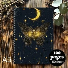 1本A5螺旋装订笔记本 - 1本精美星月螺旋装订笔记本 - 金色蝴蝶图案，适用于旅行、日记、学习、办公 - 送给女性的理想礼物，充满魔力的笔记本，个人记事本，神秘设计，艺术封面设计 - 母亲节、圣诞节完美礼物 - A5 - 查看 1