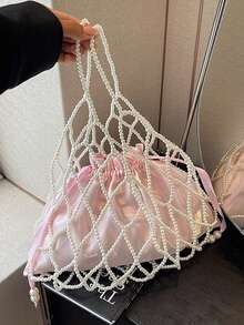 法式仙女珍珠串珠单肩包，粉色天鹅绒抽绳袋内衬，高品质精致小众设计可爱手提包，镂空珍珠包 - 粉色 - 查看 7