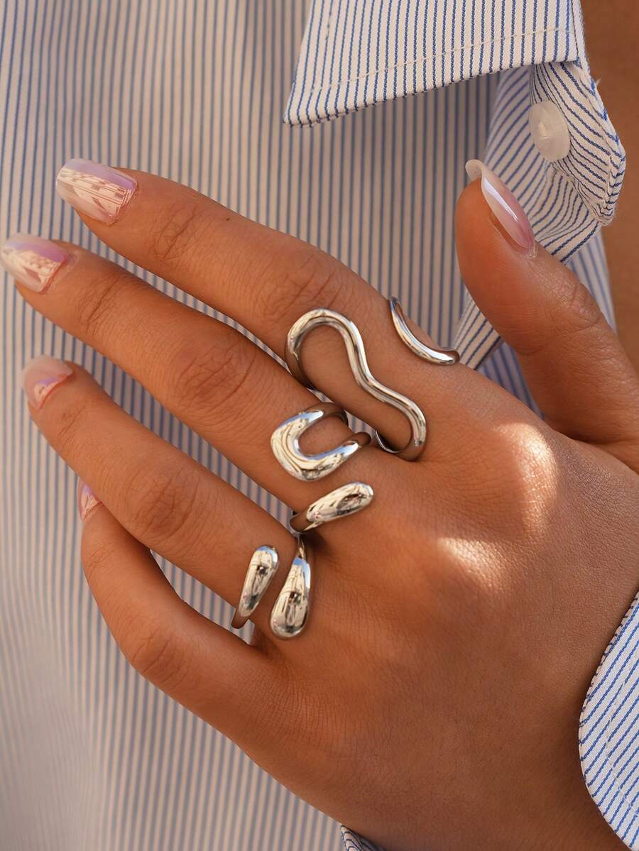 3pcs/1pc Set Minimalist Curved Stainless Steel Open Rings, Suitable For Women, Featuring Fashionable Asymmetrical Wave And Geometric Design, Adjustable Stacking, Waterproof & Hypoallergenic, Suitable For Daily Wear, Party, Date, Gift, Fashionable Minimalist Cool-Toned Jewelry Accessory - Silver 1 - View 1