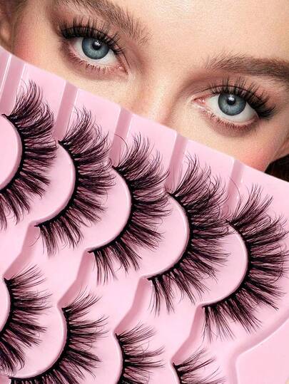 ENCHUW 5 Pairs Cat Eye False Eyelashes, Fox Eye Angel Curly Fluffy 6D Natural Look Fake Eyelash Strips