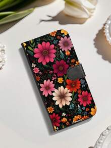 1PC, Premium Durable Flip Wallet Phone Case, Midnight Bloom Hand-Drawn Vintage Print, Magenta-Orange Daisies And Tiny Wildflowers Woven On Ink-Black Base, Green Vines Weaving Through, Rich Color Contrast With Classic Folk Art Vibe, With Foldable Stand And Credit Card Slots, Tailored For Those Who Seek Fashion Perfection. - Black - View 3